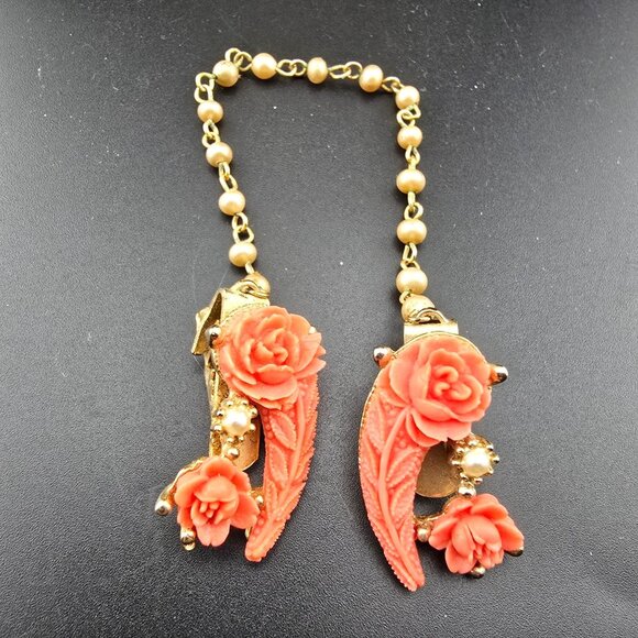 Unknown Jewelry - Vintage Celluloid Pink Rose Sweater Clips Gold Tone Spring Easter